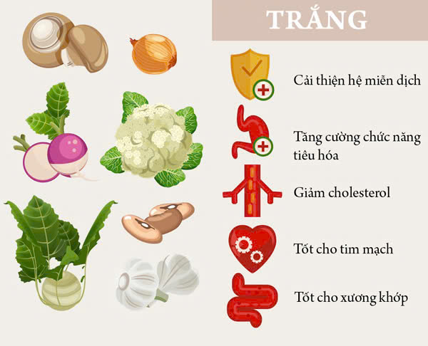 Màu Trắng: Chống oxy hóa, tăng cường sức khỏe xương khớp.